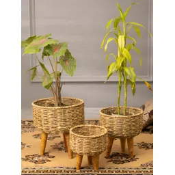 HomeShastra Brown 3 Pieces Patterned Jute Planters-picture-16