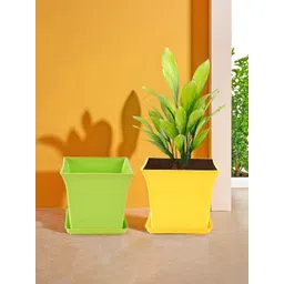 HOMESTIC 2Pcs Green & Yellow Textured Flower Planters With Tray-picture-24