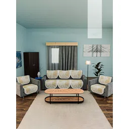 HOMESTIC Cream-Coloured & Beige Printed Cotton Sofa Cover-picture-19