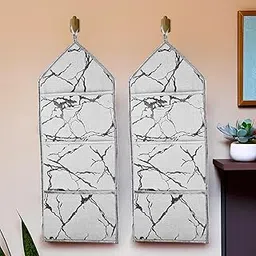Homestic Pack of 2 Wall Hanging Organizer | Foldable Document Holder | 3 Multi-Purpose Storage Pocket | Hanging Stationary-Magazine Organizer | Marble-Design | Light Grey-picture-19