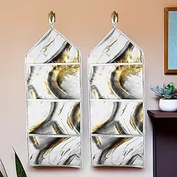 homestic Pack of 2 Wall Hanging Organizer | Foldable Document Holder | 3 Multi-Purpose Storage Pocket | Hanging Stationary Organizer | Magazine Organizer | Golden Marble | Grey-picture-20