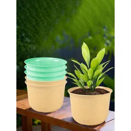 HOMESTIC Pack of 6 Marble Sawera Design 10 Inch Flower Plant Pot with Plate for Home & Garden | Stylish Pots for Balcony | Ideal for Home Decor & Office Spaces | Beige & Green-picture-34