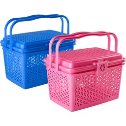 homestic Plastic Pack of 2 Multipurpose Small Storage Box with Lid & Handle | Pink & Blue Storage Basket-picture-14