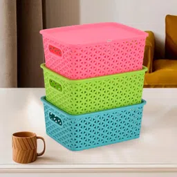 homestic Polypropylene Pack of 3 Multipurpose Storage Baskets with Lid for Organizing H1- Multicolor Storage Basket-picture-12