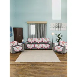 HOMESTIC White & White Printed Cotton Sofa Cover With Arms-picture-34