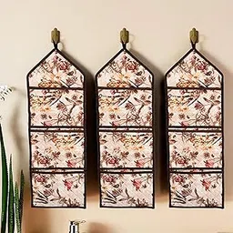 Homestic Pack of 3 Wall Hanging Organizer | Foldable Document Holder | Quilted Fabric Stationary-Magazine Organizer | Waterproof 3 Multi-Purpose Pocket | Brown Flower | Cream-picture-17