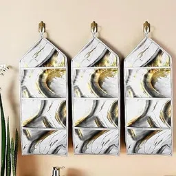 Homestic Pack of 3 Wall Hanging Organizer | Hanging Stationary Organizer | Foldable Document Holder | 3 Multi-Purpose Storage Pocket | Magazine Organizer | Golden Marble | Grey-picture-10