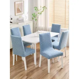 HOMETHREADS Blue 6 Pieces Self Designed Jacquard Stretchable Chair Covers-picture-23