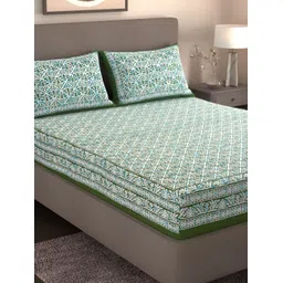 Homez Sparrow All Seasons Green Pure Cotton 160 TC King Bedsheet with 2 Pillow Covers-picture-11