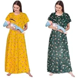 homezilla Women's Printed Maternity Nighty/Feeding Nighty/Pregnancy Night Gown/A-Line Nursing Nighty with Zippers for Nursing Pre and Post-Pregnancy- Pack of 2-HMZNFN0022 Multicolour-picture-26