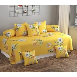 HOMICON Pure Soft Cotton Floral Printed Diwan Set Covers 8 Pieces - 1 Single Bed Sheet (60 X 90) with 5 Cushion (16 X 16), 2 Bolster Covers (16 X 32) - Yellow-picture-30