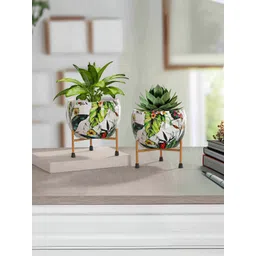 Homspurts 2-Pcs White & Green Textured Metal Planters-picture-37