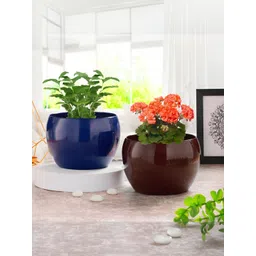 Homspurts 2Pcs Blue & Brown Round Metal Planters-picture-16