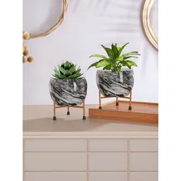 Homspurts Serene Marble 2-Pcs White & Brown Textured Metal Planters-picture-24