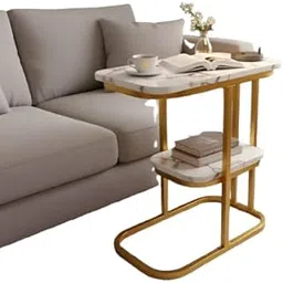 HomyHub Modern Bedside Table with 2 Shelves Organizer | Marble Shelf Table with Iron Stand/Home Decor Table/Coffee Table/Side Table for Bedroom/End Table for Living Room (White & Golden)-picture-30