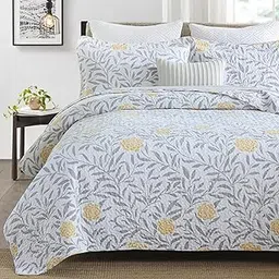 Homzard Floral Queen Comforter Set - 100% Cotton Quilts Queen Size,Yellow Gray White Bedspreads (90 * 98 Inch) with 2 Pillow Shams, Farmhouse Lightweight Bedding 3 Pieces-image-42