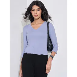 Honey by Pantaloons Ribbed V-Neck Ruffles Top-image-33