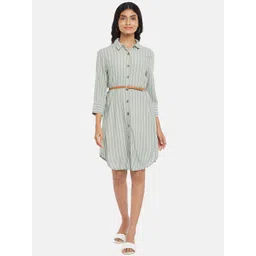 Honey by Pantaloons Women Olive Green & White Striped Shirt Dress-picture-15