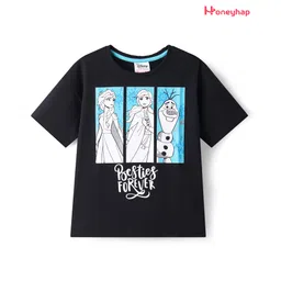 HoneyHap Disney Terry Knit Half Drop Shoulder Sleeves T-Shirt with Elsa & Friends Graphics - Black-picture-21