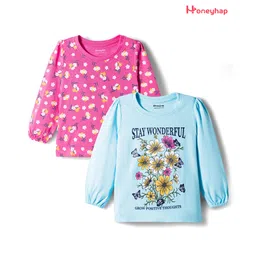 Honeyhap 100% Premium Cotton Bio Finish Full Sleeves Tops With Floral Print Pack Of 2 - Blue Elixir & Carmine Rose-picture-30