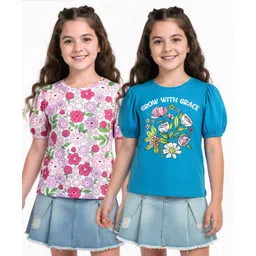Honeyhap 100% Premium Cotton Bio Finish Half Sleeves Tops With Floral Print Pack Of 2 - Dresden Blue & Bright White-picture-20