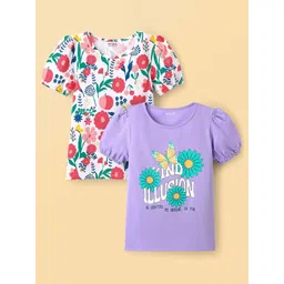 Honeyhap Girls Pack Of 2 Floral Printed Round Neck Cotton Top-picture-31
