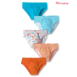 Honeyhap Premium 100% Cotton Elastane Knit with Bio Finish Briefs with Stripes Solid & Gaming Print Pack of 5 - Bright White Russet Orange & Scuba Blue-picture-25