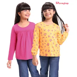 Honeyhap Premium 100% Cotton Full Sleeves Floral Print Top with Bio Finish Pack of 2 - Golden Cream & Cabaret Pink-picture-13