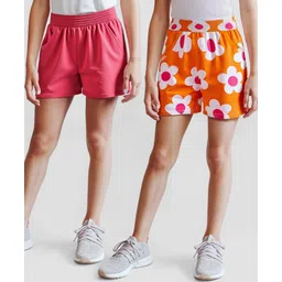 Honeyhap Premium 100% Cotton Knit Bio Finish Above Knee Length Shorts with Floral Print Pack of 2 - Orange & Dark Pink-picture-16