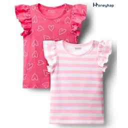 Honeyhap Premium 100% Cotton Knit Frill Sleeves Striped T-Shirts with Bio Finish Heart Print Pack of 2 - Bright White & Camellia Rose-picture-26