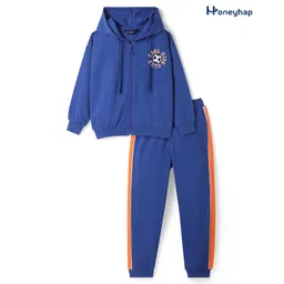 Honeyhap Premium 100% Cotton Knit Full Sleeves HoodedFront Open Winter Wear Sweatshirt & Lounge Pant Set with Bio Finish & Text Print - Lapis Blue Papaya & Bright White-picture-34