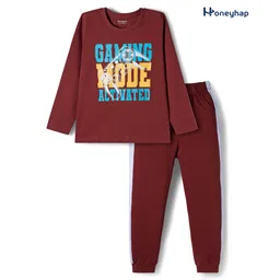 Honeyhap Premium 100% Cotton Knit Full Sleeves Night Suit With Text Print & Bio Finish - Cherry Mahogany-picture-16