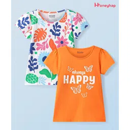 Honeyhap Premium 100% Cotton Knit Half Sleeves Bio Finish Tops with Floral Print Pack of 2 - Bird of Paradise & Bright White-picture-36