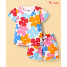 Honeyhap Premium 100% Cotton Knit Half Sleeves Co-ords Shorts Night Suit with Bio Finish & Floral Print - Bright White-picture-21