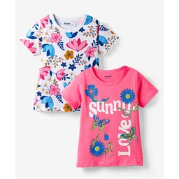 Honeyhap Premium 100% Cotton Knit Half Sleeves T-Shirts with Bio Finish & Floral Print Pack of 2 - Bright White & Hot Pink-picture-26