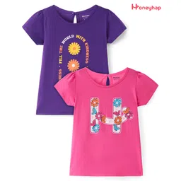 Honeyhap Premium 100% Cotton Knit Half Sleeves Tops  with Bio Finish & Floral Print Pack of 2 - Heliotrope Purple & Sachet Pink-picture-24