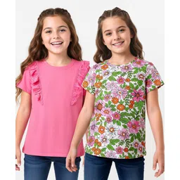 Honeyhap Premium 100% Cotton Knit Half Sleeves Tops with Bio Finish & Floral Print Pack of 2 - Sachet Pink & Bright White-picture-28