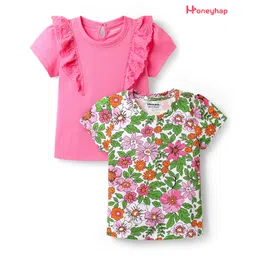 Honeyhap Premium 100% Cotton Knit Half Sleeves Tops with Bio Finish & Floral Print Pack of 2 - Sachet Pink & Bright White-picture-25