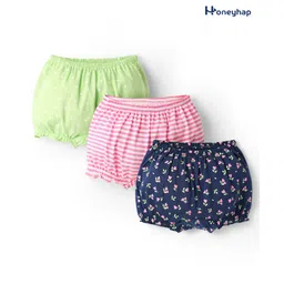 Honeyhap Premium 100% Cotton Knit Stripes & Floral Printed Bloomers Pack of 3 - Paradise Green Navy Peony & Bright White-picture-33