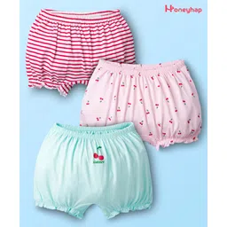 Honeyhap Premium 100% Cotton Knit with Bio Finish Bloomers with Stripe & Bow Print Pack of 3 - Festival Bloom Bay & White-picture-29