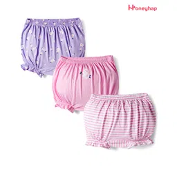 Honeyhap Premium 100% Cotton Knit with Bio Finish Bloomers with Stripe & Bow Print Pack of 3 - Lilac Sachet Bright White & Pastel Lilac-picture-24