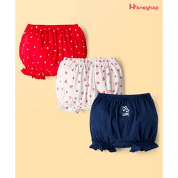 Honeyhap Premium 100% Cotton Knit With Bio Finish Bloomers With Stripe & Bow Print Pack of 3 - Tomato Navy Peony & Bright White-picture-26