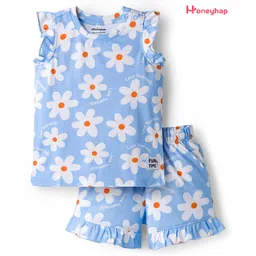 Honeyhap Premium 100% Cotton Knit With Bio Finish Frill Sleeves Shorts Co-ord Night Suit With Floral Print - Airy Blue-picture-18