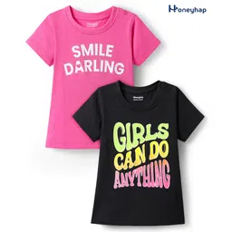 Honeyhap Premium 100% Cotton Knit With Bio Finish Half Sleeves T-Shirts With Girls Can Do Anything Print Pack of 2- Black Beauty & Fandango Pink-picture-11