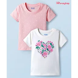 Honeyhap Premium 100% Cotton Knit With Bio Finish Half Sleeves T-Shirts with Polka Dots & Floral Print Pack of 2 - Gardenia & Baby Pink-picture-31