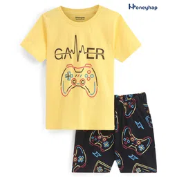 Honeyhap Premium 100% Cotton Single Jersey With Bio Finish Half Sleeves Night Suit With Text Print - Popcorn Yellow & Black-picture-22