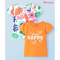 Honeyhap Premium 100%Cotton Knit Half Sleeves Bio Finish Tops with Floral Print Pack of 2 - Bird of Paradise & Bright White-picture-38