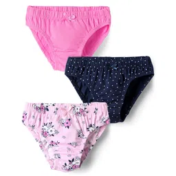 Honeyhap Premium Cotton Elastane Knit Panties with Polka Dots Design & Floral Print Pack of 3 - Navy Blue Light Pink & Pink-image-38