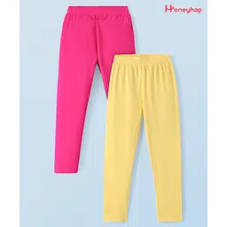 Honeyhap Premium Cotton Elastane Single Jersey Solid Color Leggings with Bio Finish Pack of 2 - Banana Cream & Pink Cosmos-image-1
