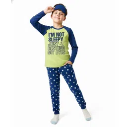 Honeyhap Premium Cotton Knit Full Raglan Sleeves Night Suit With Bio Finish & Text Print - Shadow Lime & Navy Peony-picture-21